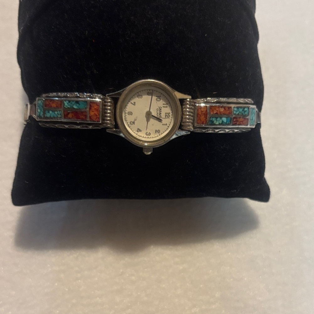 Silver  Native American CARAVALLE , Women's Watch with Turquoise and Red Accents